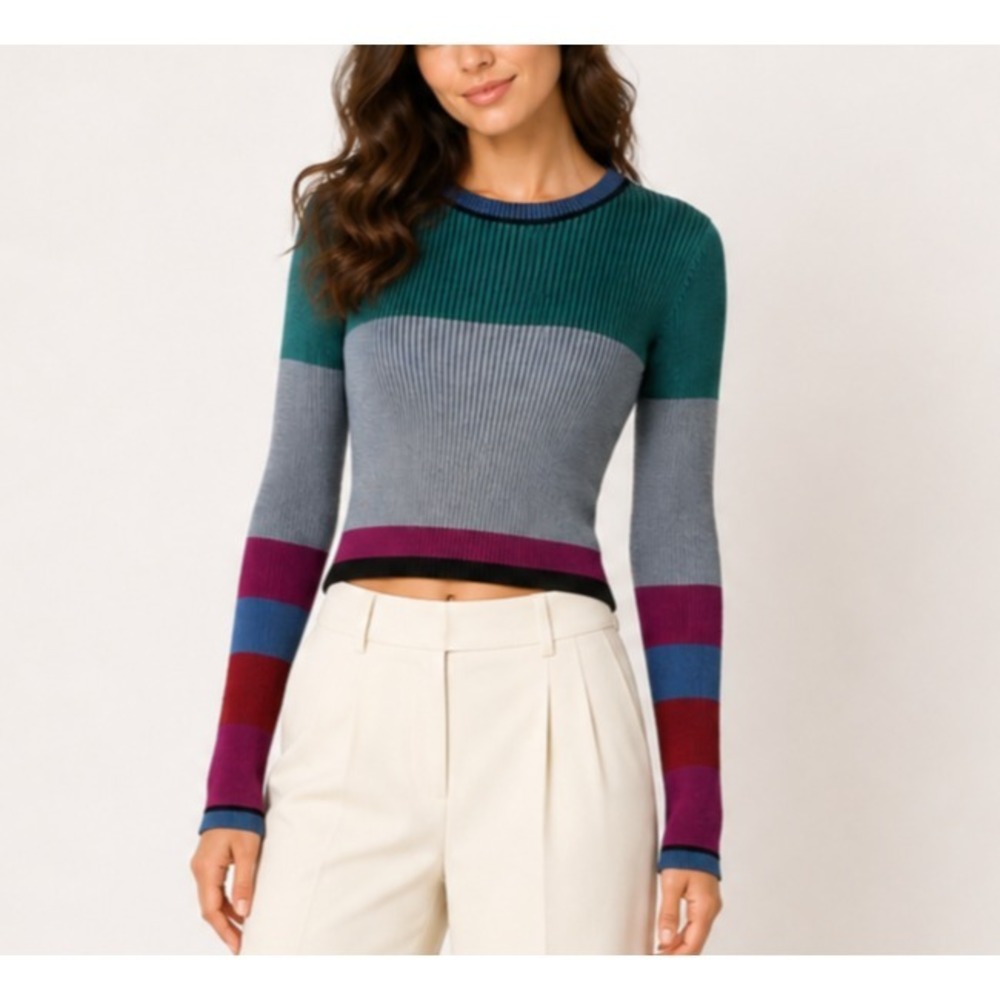 Diane Von Furstenberg Cropped Plaited Sweater Women L Stripe Rib Knit Office ASO